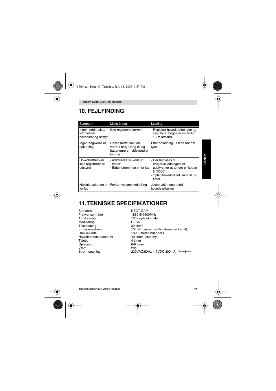 Fejlfinding 11. tekniske specifikationer | Topcom BUTLER 300 DECT User Manual | Page 49 / 100