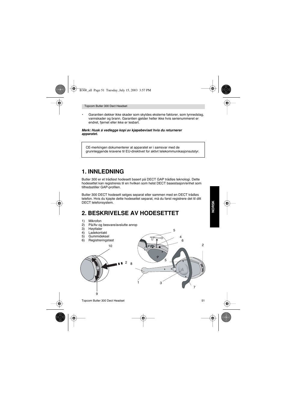 Innledning, Beskrivelse av hodesettet | Topcom BUTLER 300 DECT User Manual | Page 51 / 100