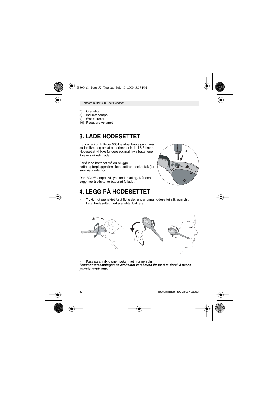 Lade hodesettet, Legg på hodesettet | Topcom BUTLER 300 DECT User Manual | Page 52 / 100