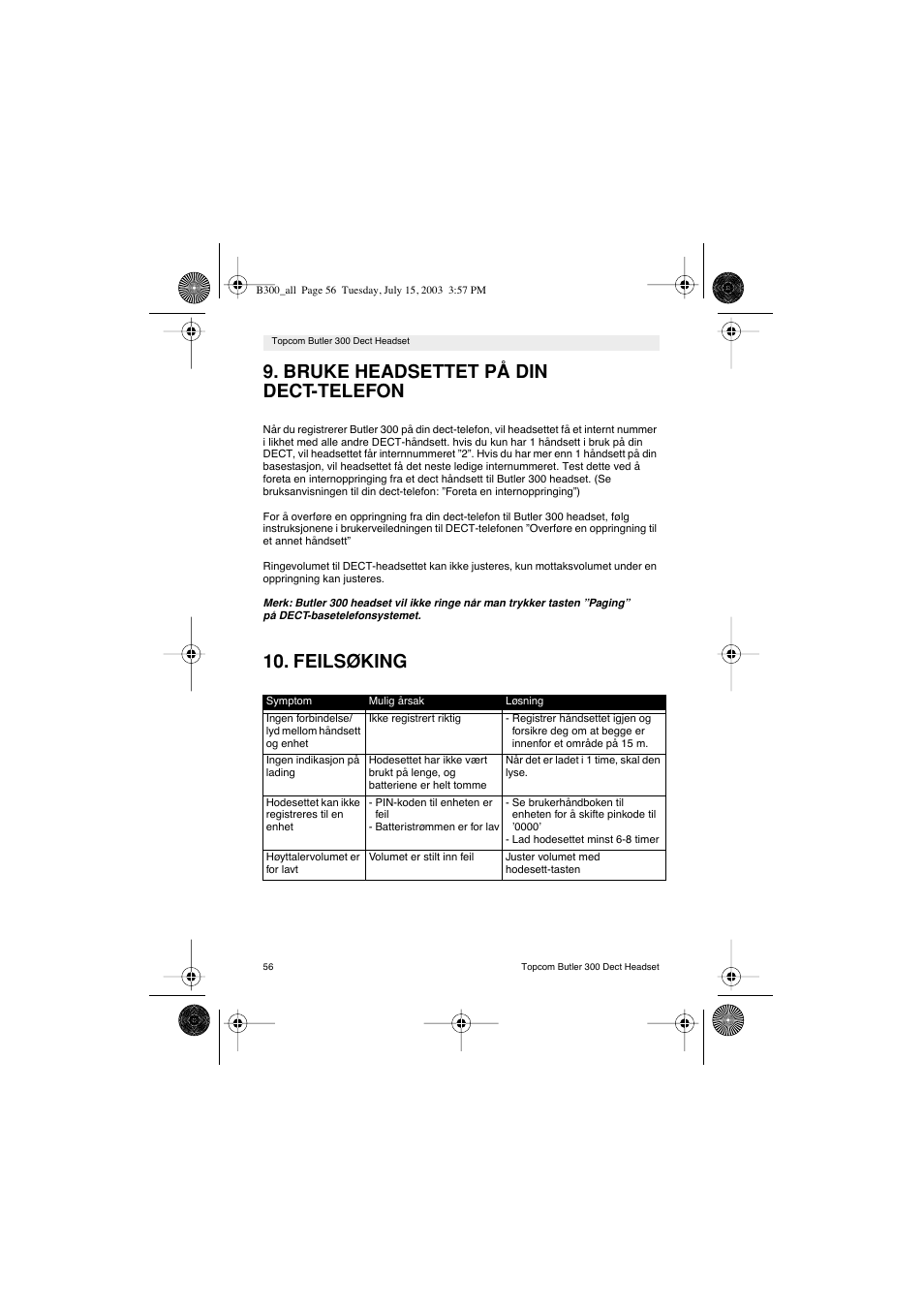 Bruke headsettet på din dect-telefon, Feilsøking | Topcom BUTLER 300 DECT User Manual | Page 56 / 100