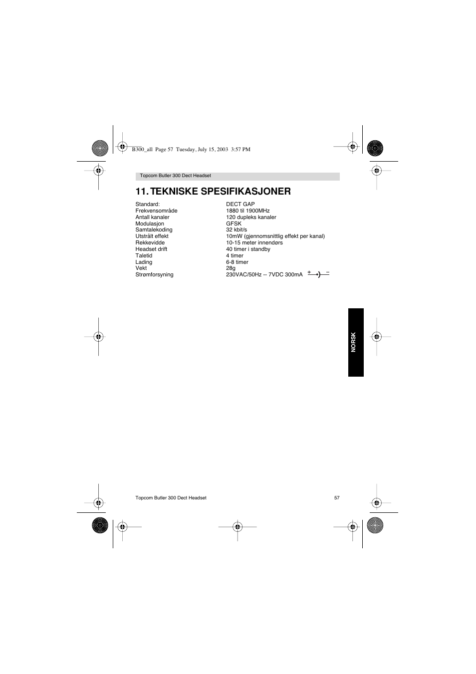 Tekniske spesifikasjoner | Topcom BUTLER 300 DECT User Manual | Page 57 / 100