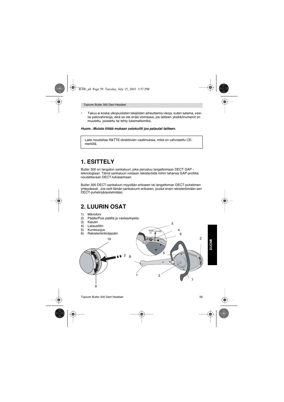 Esittely, Luurin osat | Topcom BUTLER 300 DECT User Manual | Page 59 / 100