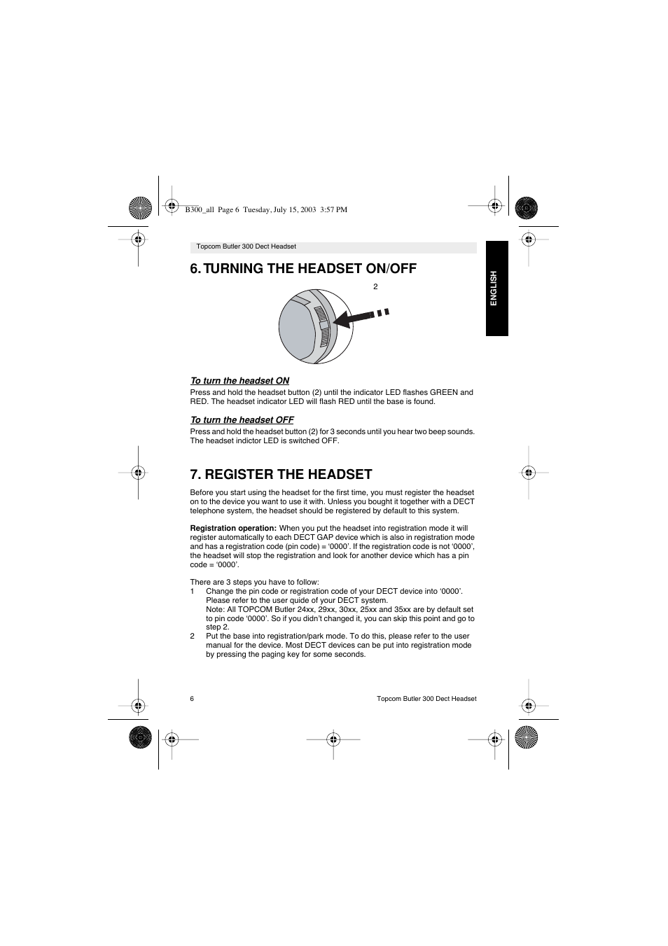 Turning the headset on/off, Register the headset | Topcom BUTLER 300 DECT User Manual | Page 6 / 100