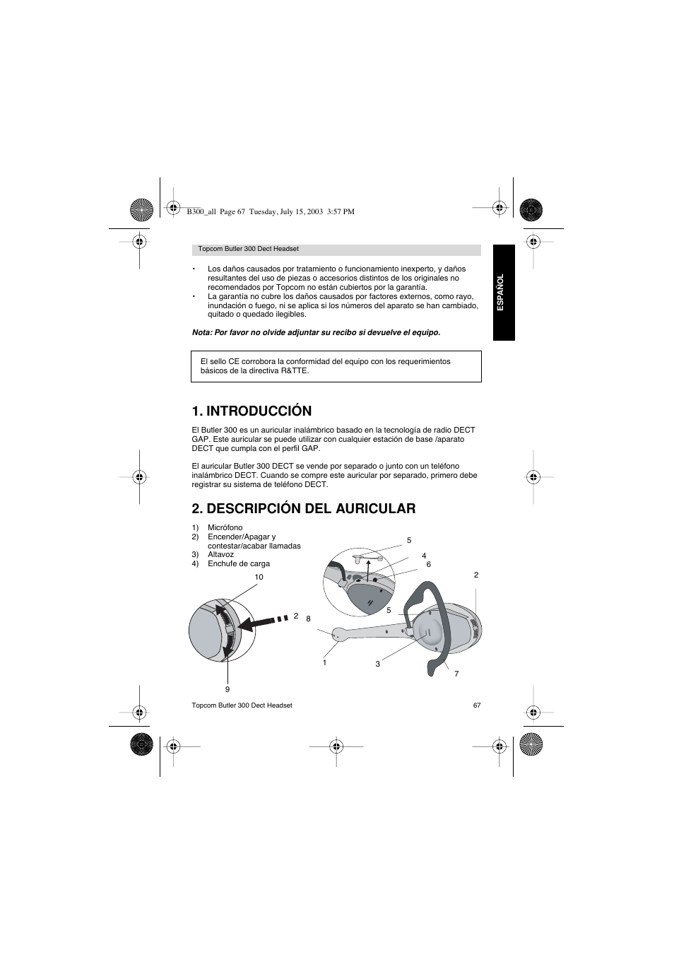 Introducción, Descripción del auricular | Topcom BUTLER 300 DECT User Manual | Page 67 / 100