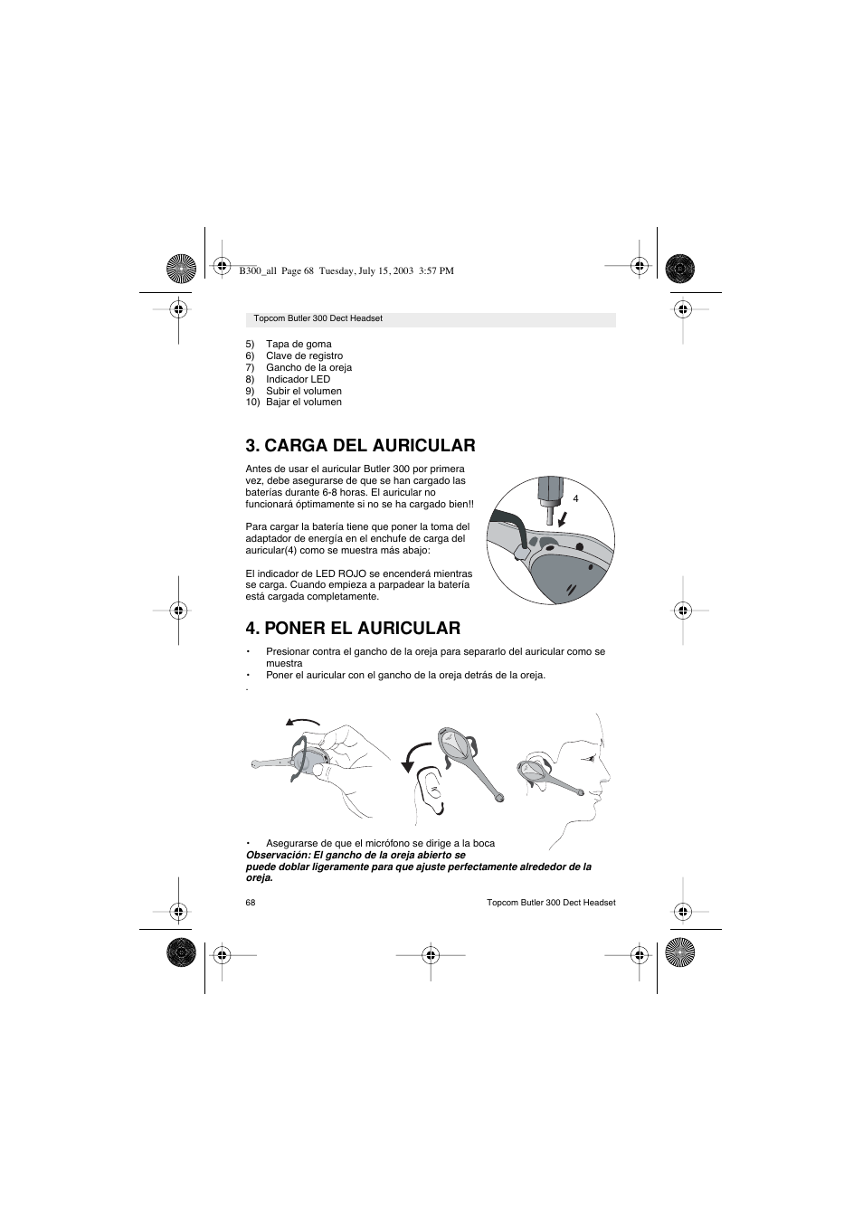 Carga del auricular, Poner el auricular | Topcom BUTLER 300 DECT User Manual | Page 68 / 100