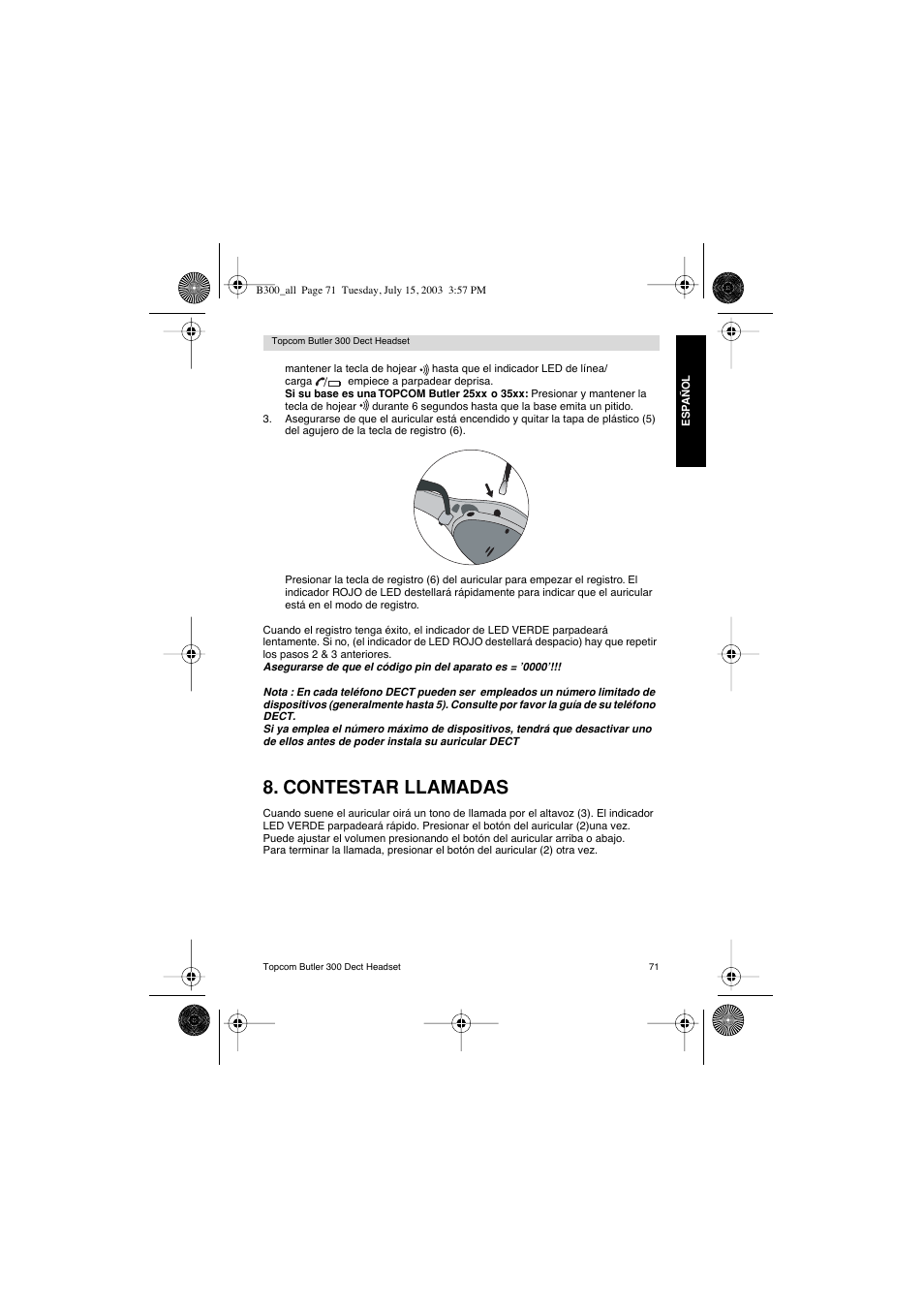 Contestar llamadas | Topcom BUTLER 300 DECT User Manual | Page 71 / 100