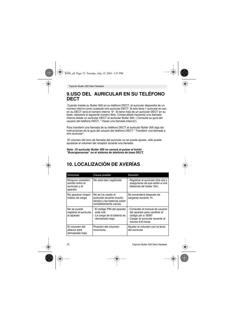 Uso del auricular en su teléfono dect, Localización de averías | Topcom BUTLER 300 DECT User Manual | Page 72 / 100