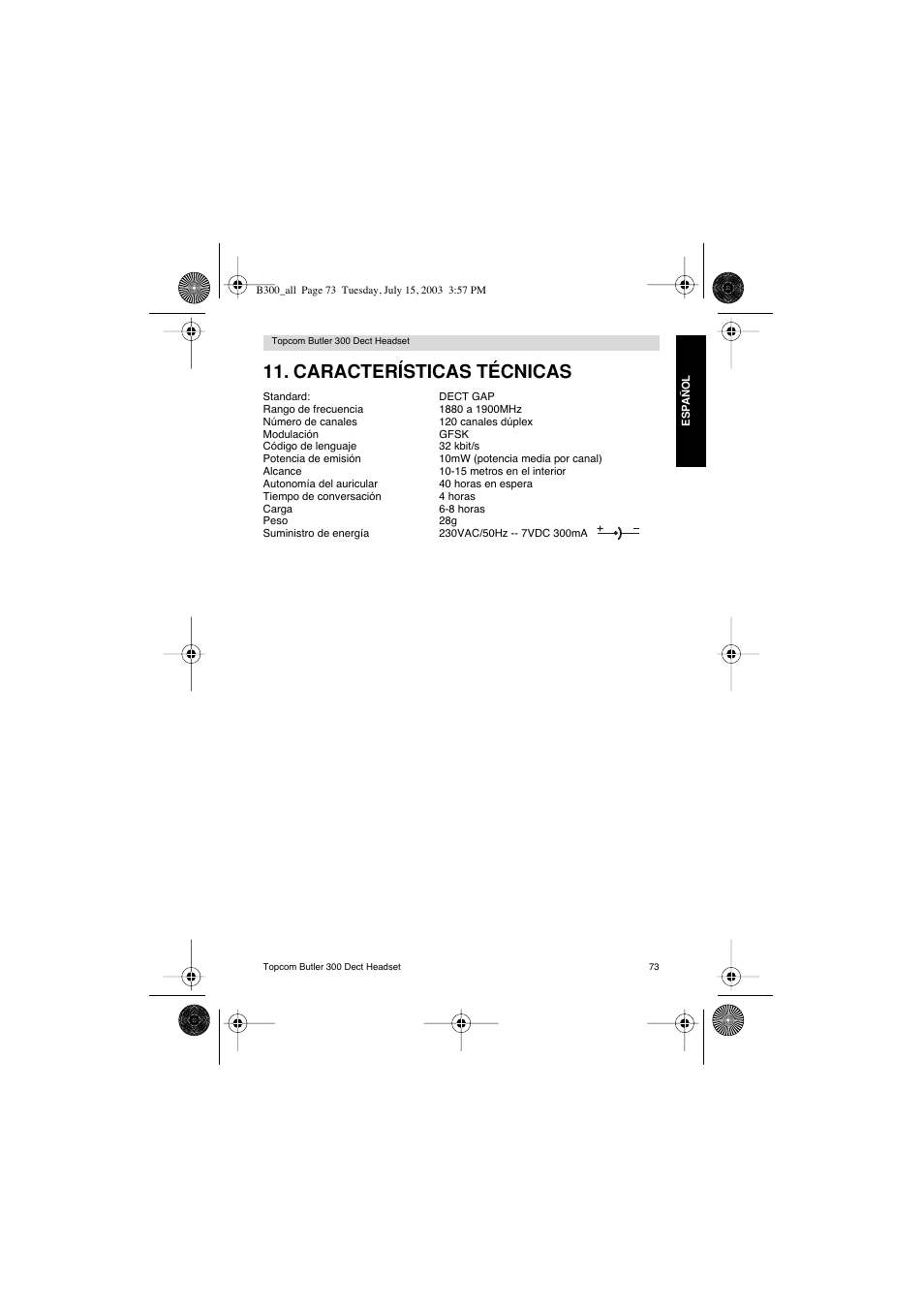 Características técnicas | Topcom BUTLER 300 DECT User Manual | Page 73 / 100