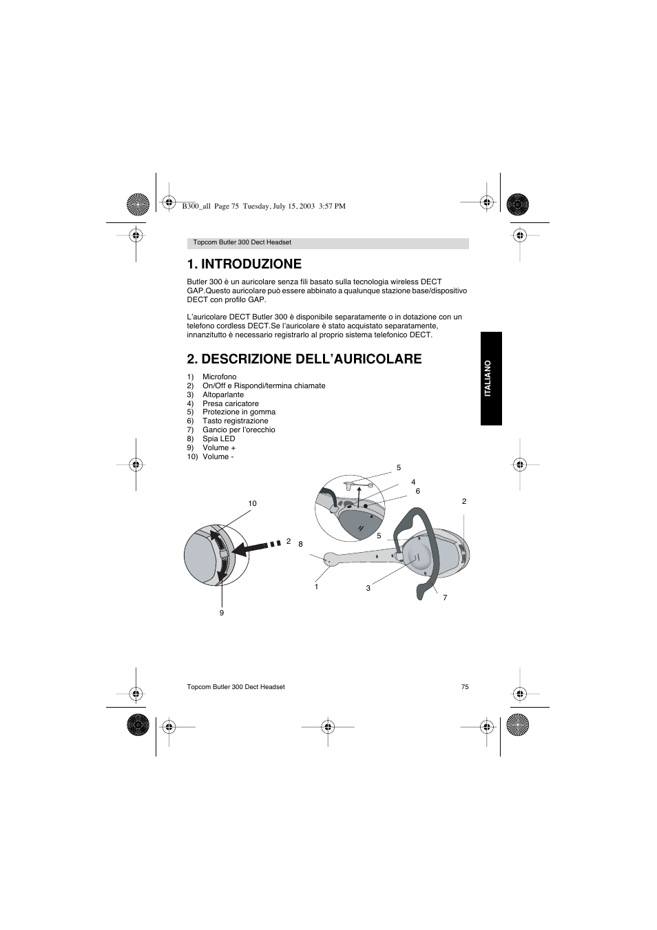 Introduzione, Descrizione dell’auricolare | Topcom BUTLER 300 DECT User Manual | Page 75 / 100