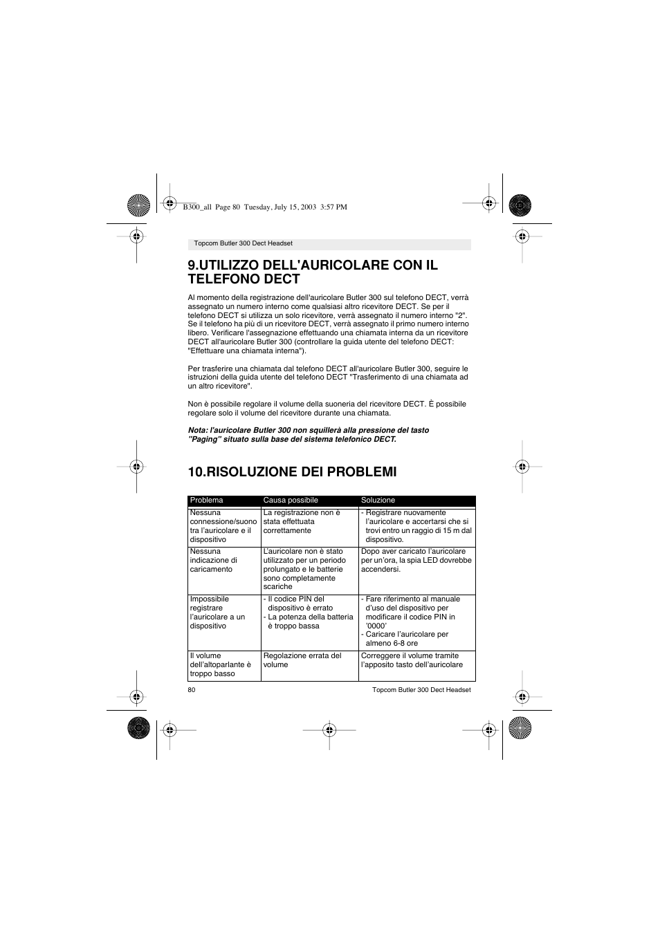 Utilizzo dell'auricolare con il telefono dect, Risoluzione dei problemi | Topcom BUTLER 300 DECT User Manual | Page 80 / 100