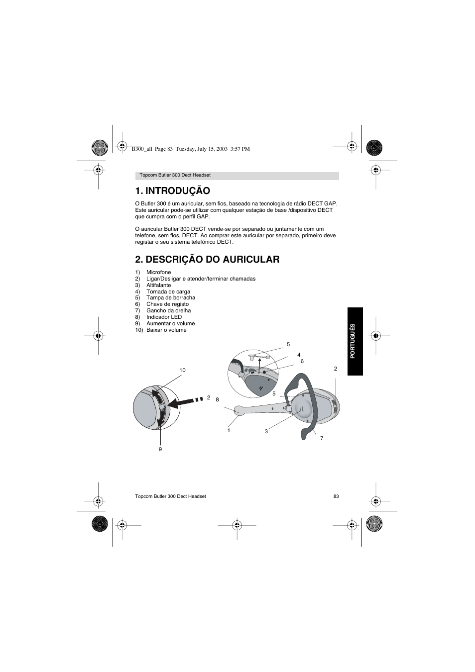 Introdução, Descrição do auricular | Topcom BUTLER 300 DECT User Manual | Page 83 / 100