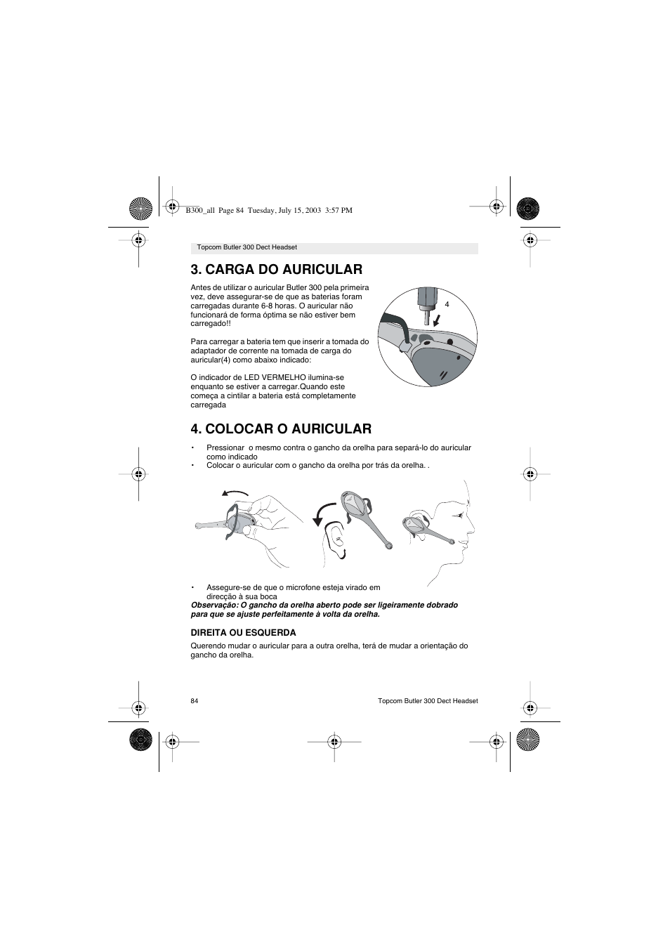 Carga do auricular, Colocar o auricular | Topcom BUTLER 300 DECT User Manual | Page 84 / 100