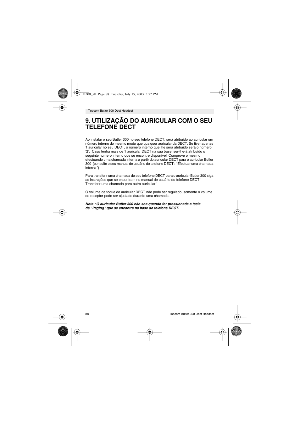 Utilização do auricular com o seu telefone dect | Topcom BUTLER 300 DECT User Manual | Page 88 / 100