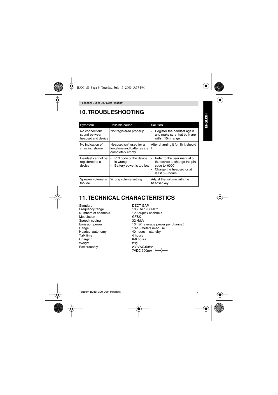 Troubleshooting 11. technical characteristics | Topcom BUTLER 300 DECT User Manual | Page 9 / 100