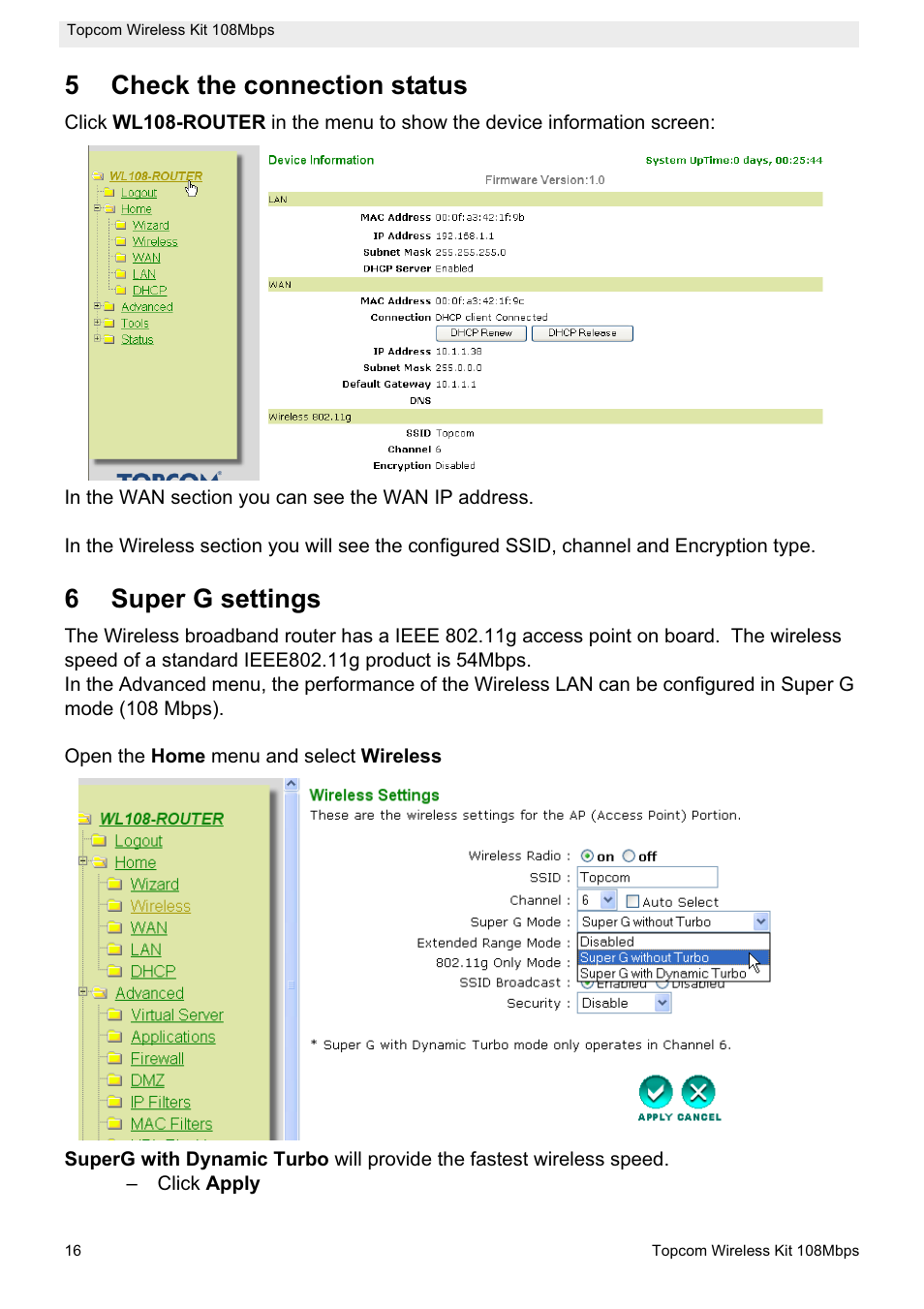 5check the connection status, 6super g settings | Topcom Wireless Kit 108MBPS User Manual | Page 16 / 100