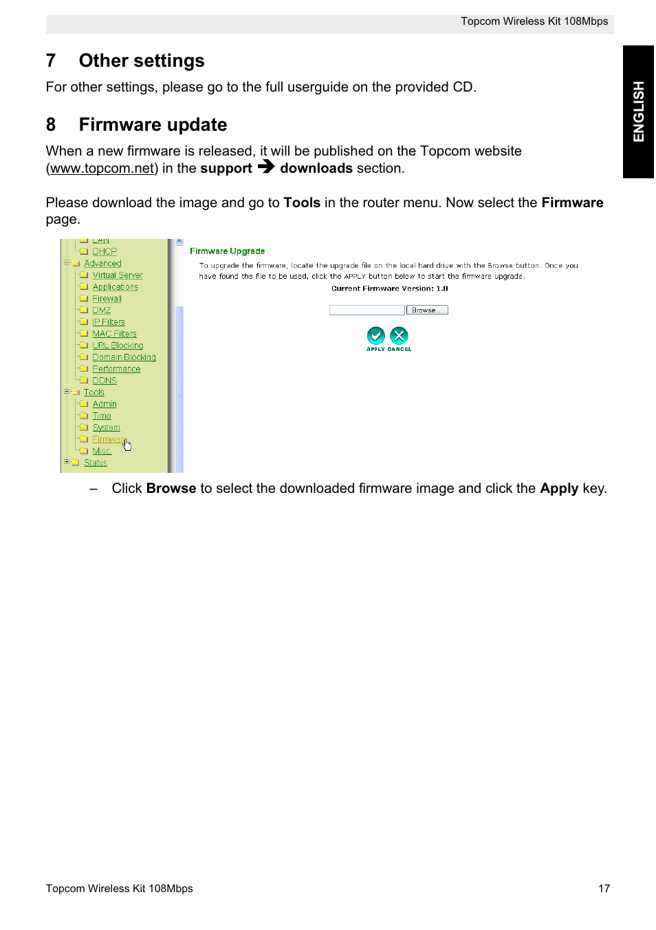 7other settings, 8firmware update | Topcom Wireless Kit 108MBPS User Manual | Page 17 / 100