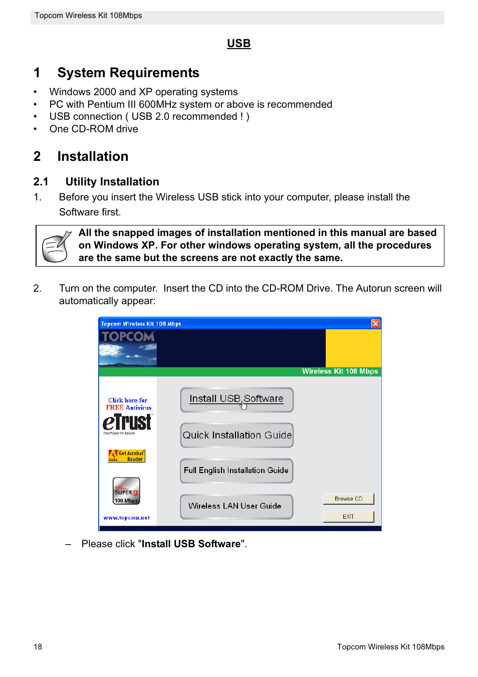 1system requirements, 2installation | Topcom Wireless Kit 108MBPS User Manual | Page 18 / 100