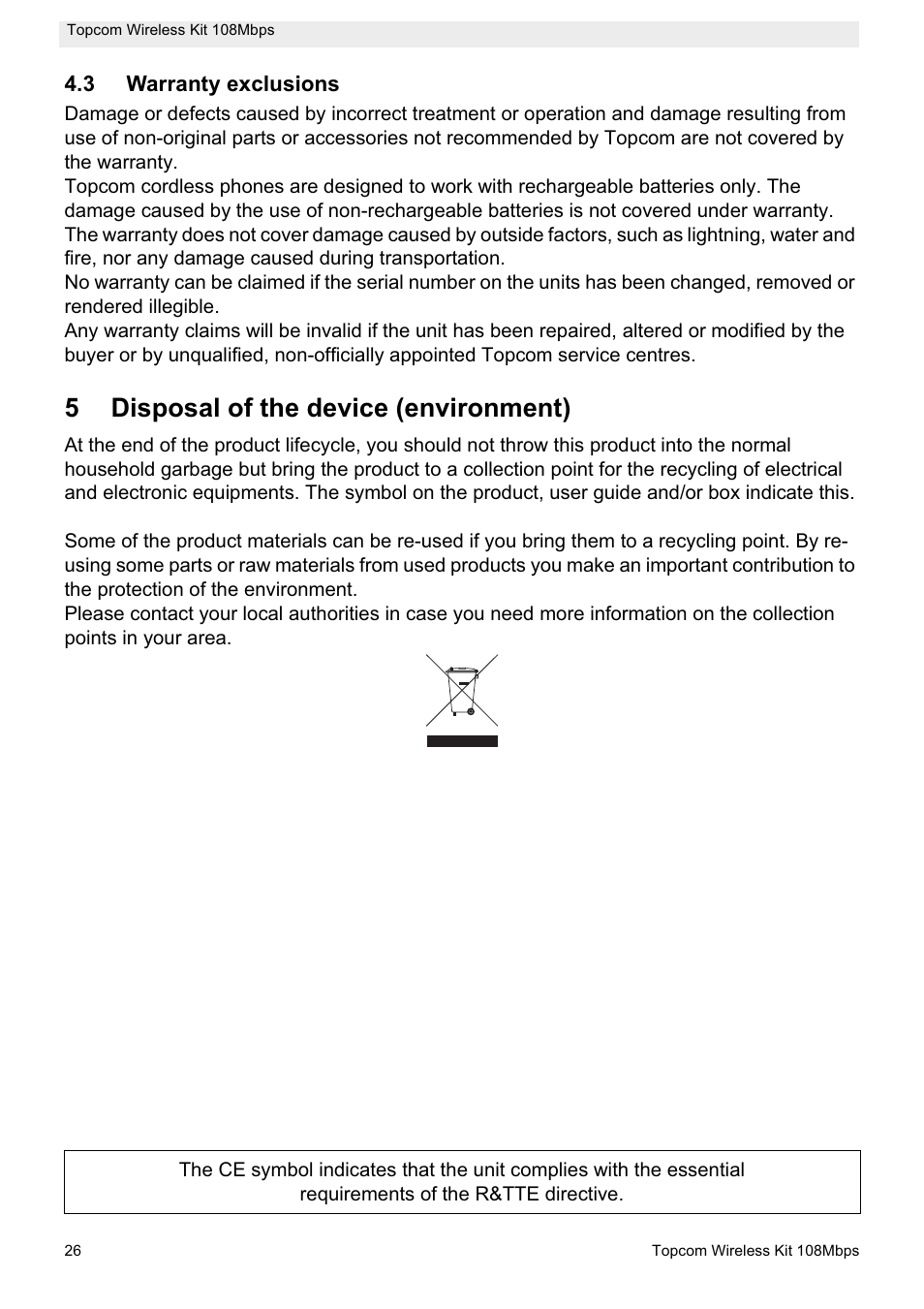 5disposal of the device (environment) | Topcom Wireless Kit 108MBPS User Manual | Page 26 / 100