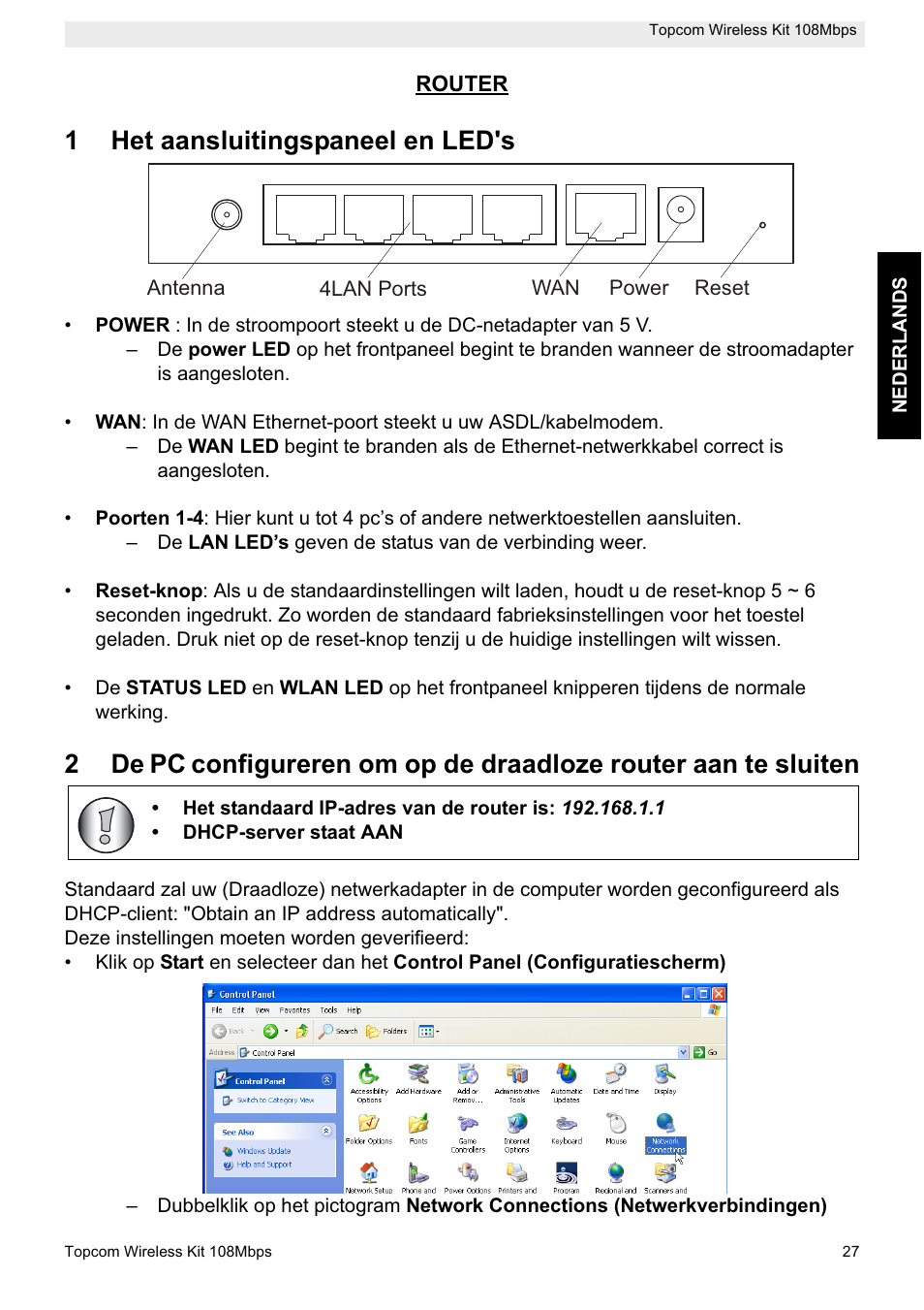 1het aansluitingspaneel en led's | Topcom Wireless Kit 108MBPS User Manual | Page 27 / 100