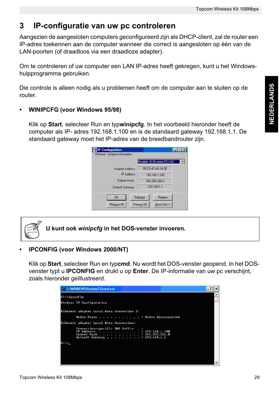 3ip-configuratie van uw pc controleren | Topcom Wireless Kit 108MBPS User Manual | Page 29 / 100