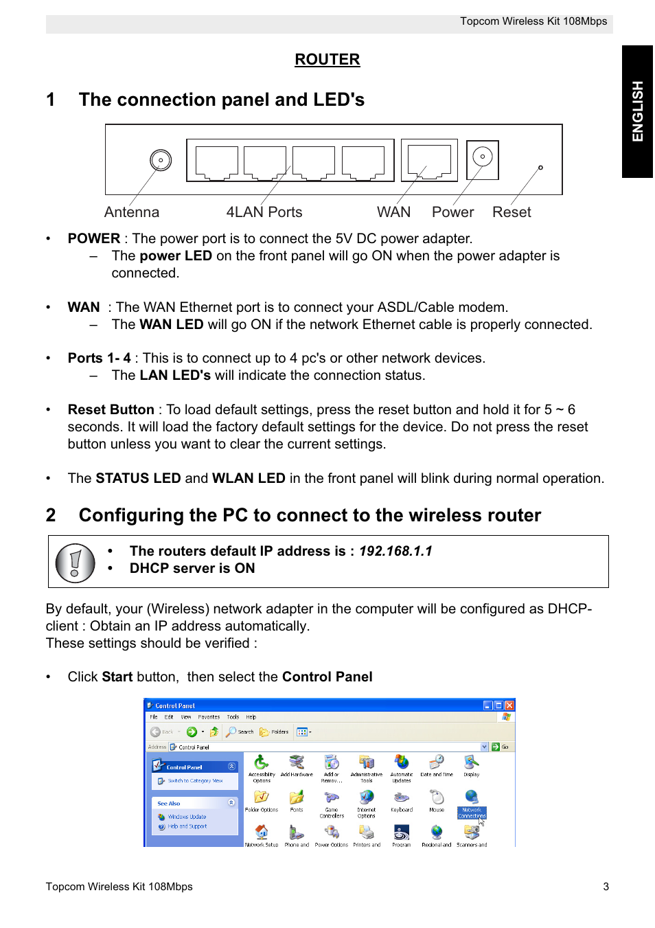 1the connection panel and led's | Topcom Wireless Kit 108MBPS User Manual | Page 3 / 100