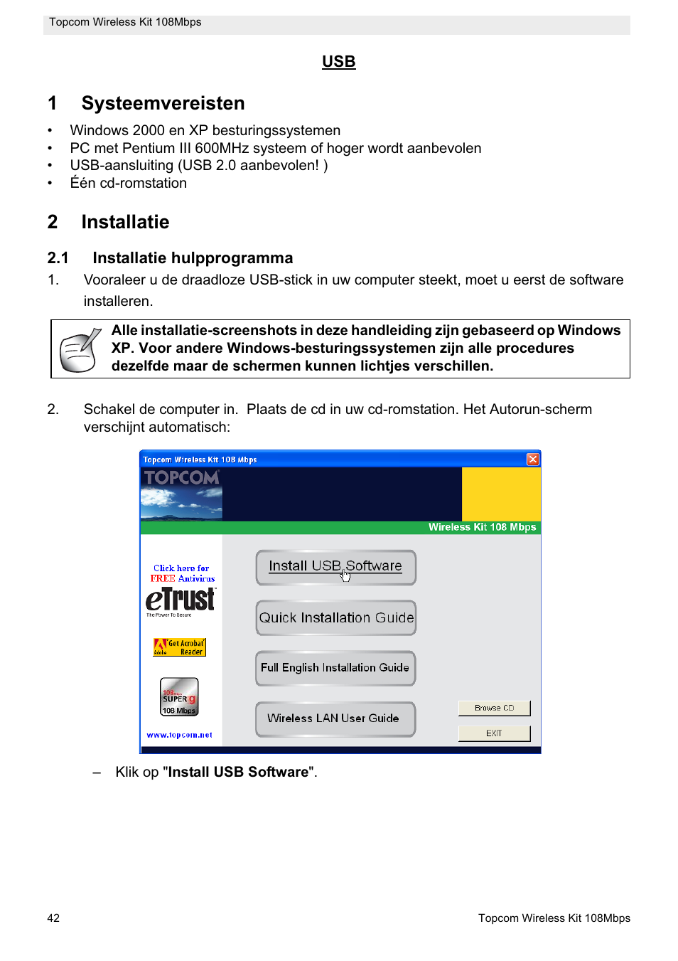 1systeemvereisten, 2installatie | Topcom Wireless Kit 108MBPS User Manual | Page 42 / 100