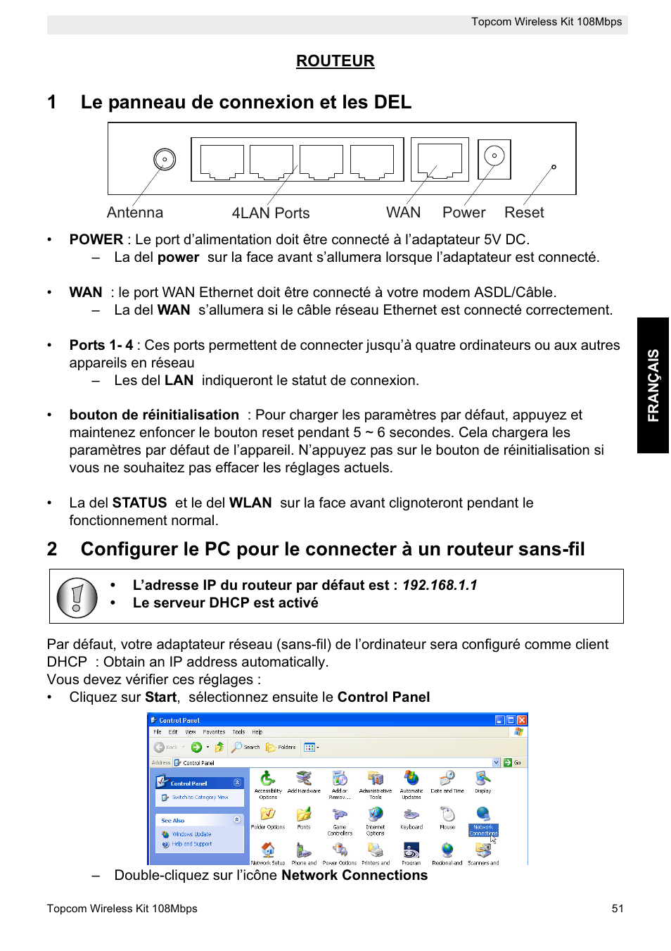 1le panneau de connexion et les del | Topcom Wireless Kit 108MBPS User Manual | Page 51 / 100