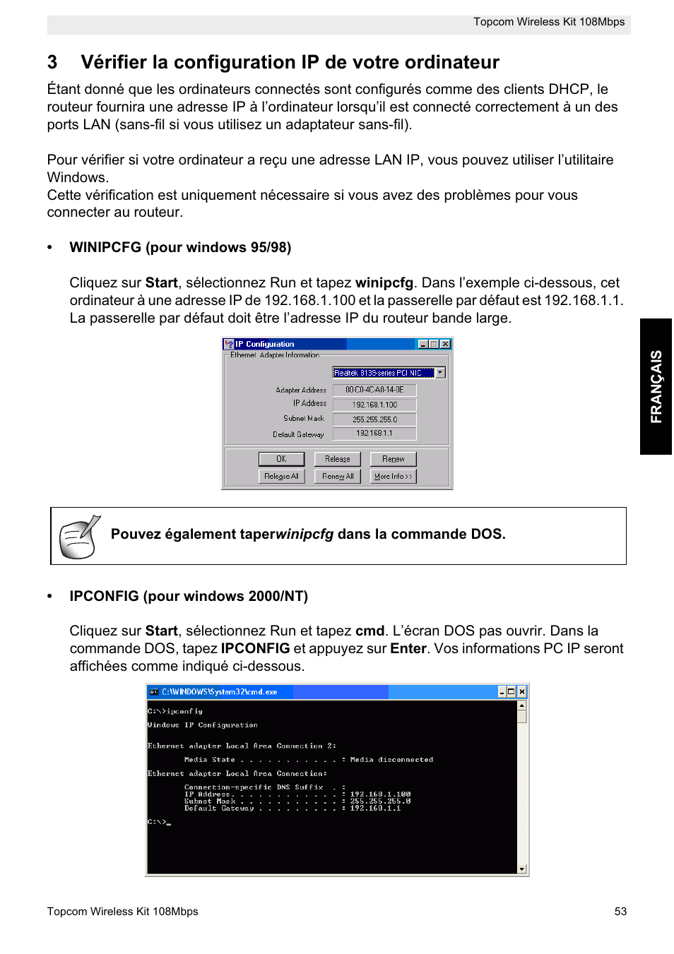 3vérifier la configuration ip de votre ordinateur | Topcom Wireless Kit 108MBPS User Manual | Page 53 / 100