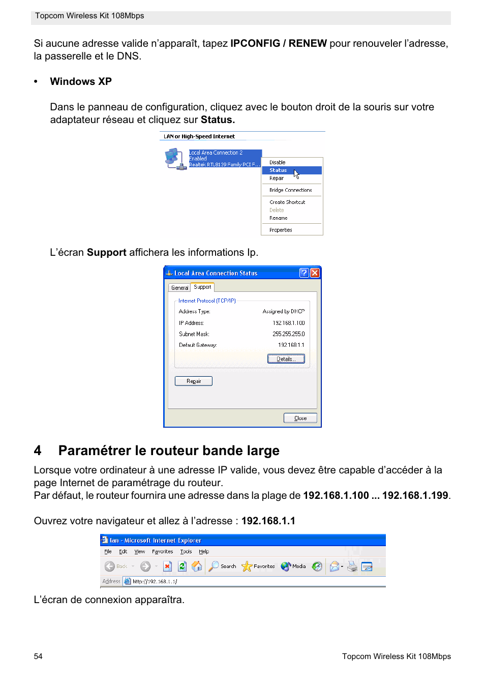 4paramétrer le routeur bande large | Topcom Wireless Kit 108MBPS User Manual | Page 54 / 100