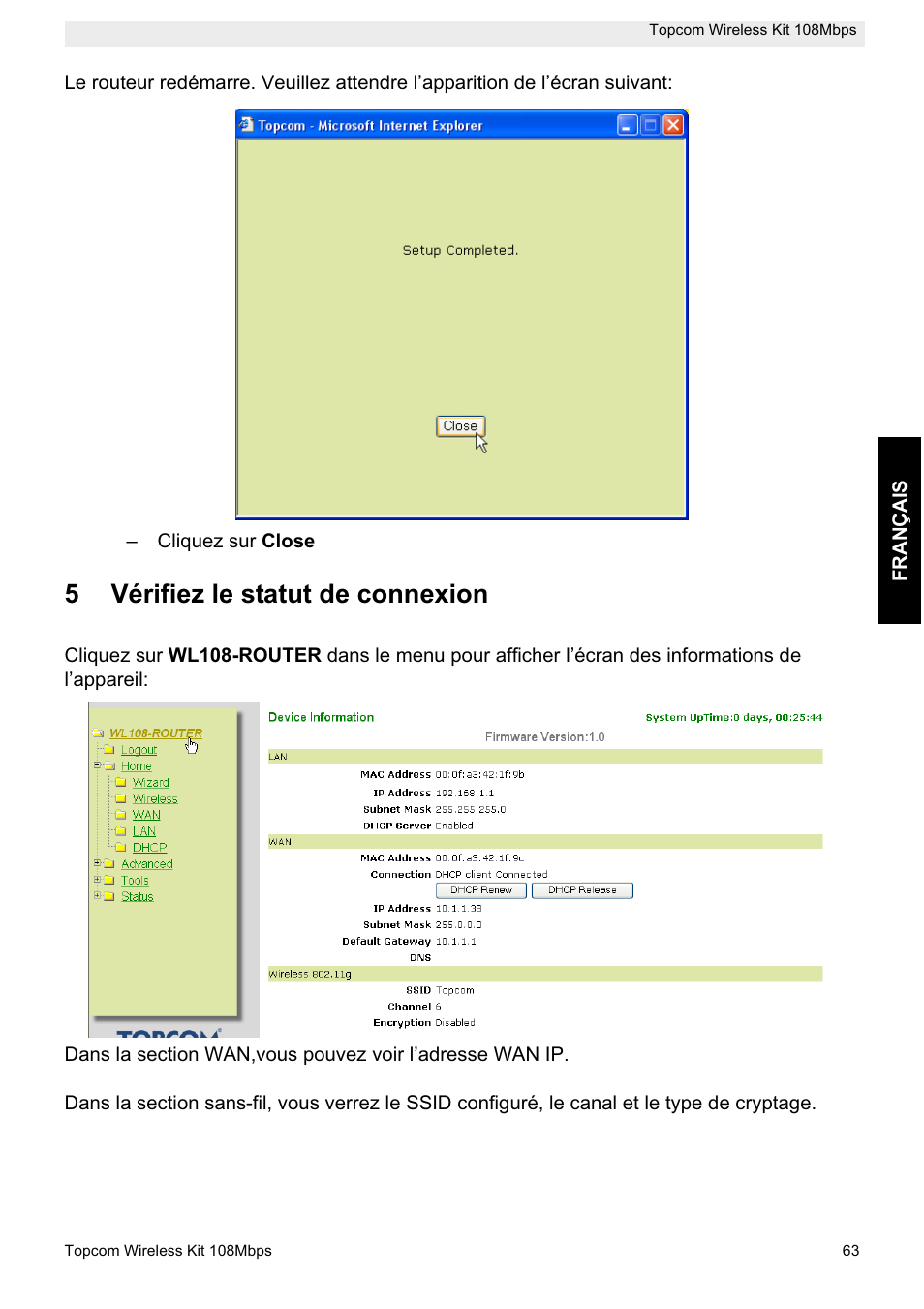 5vérifiez le statut de connexion | Topcom Wireless Kit 108MBPS User Manual | Page 63 / 100