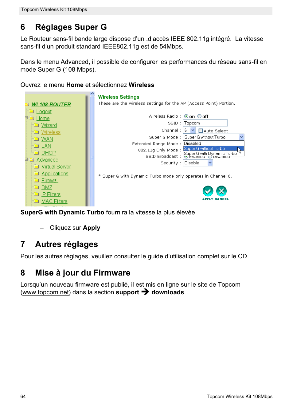 6réglages super g, 7autres réglages, 8mise à jour du firmware | Topcom Wireless Kit 108MBPS User Manual | Page 64 / 100