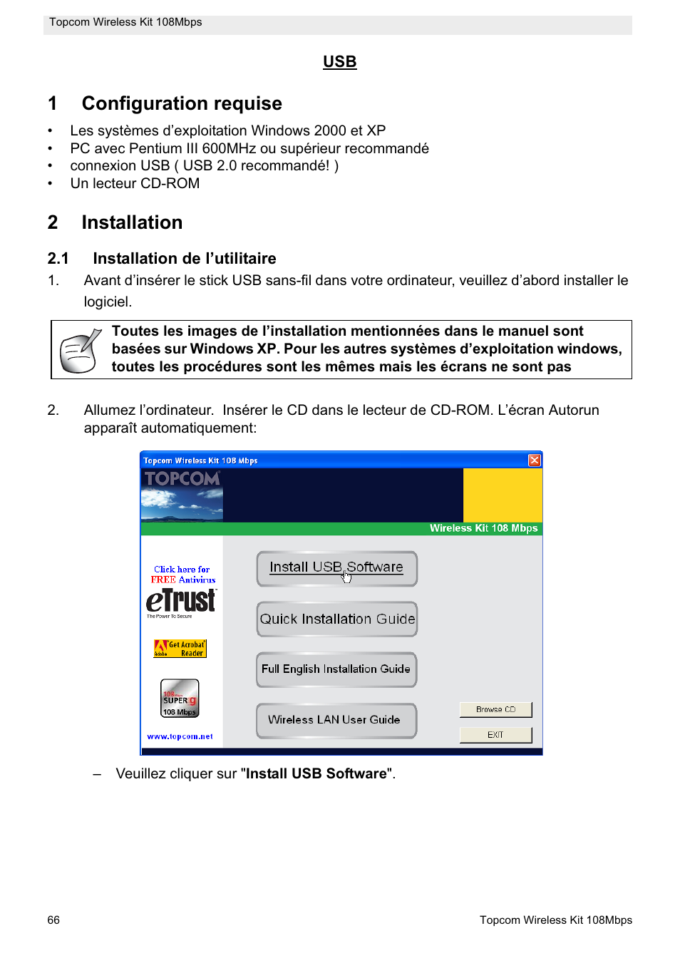 1configuration requise, 2installation | Topcom Wireless Kit 108MBPS User Manual | Page 66 / 100