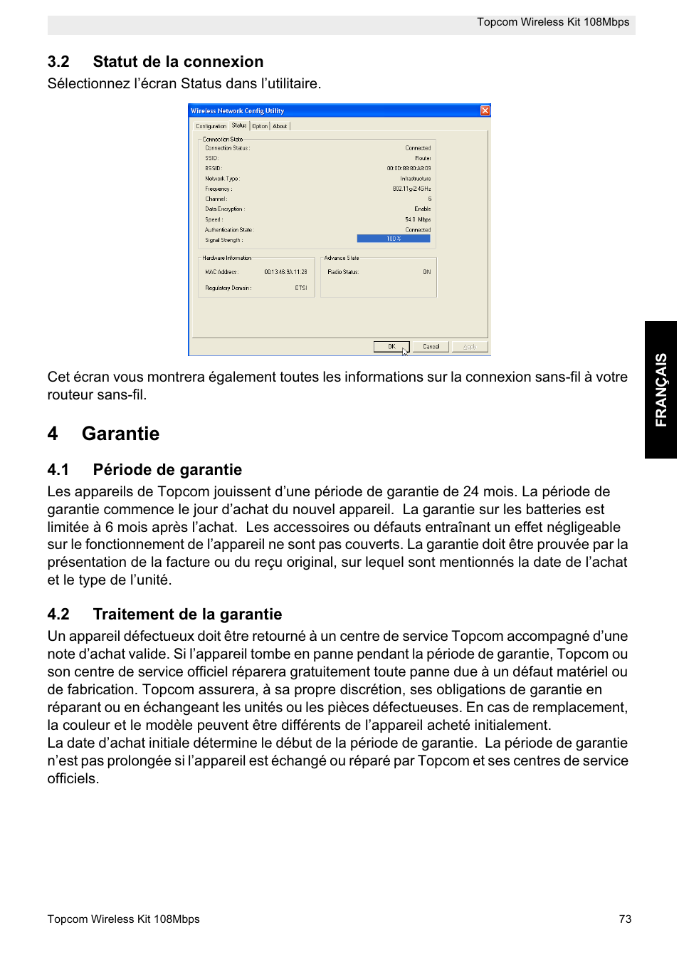 4garantie | Topcom Wireless Kit 108MBPS User Manual | Page 73 / 100