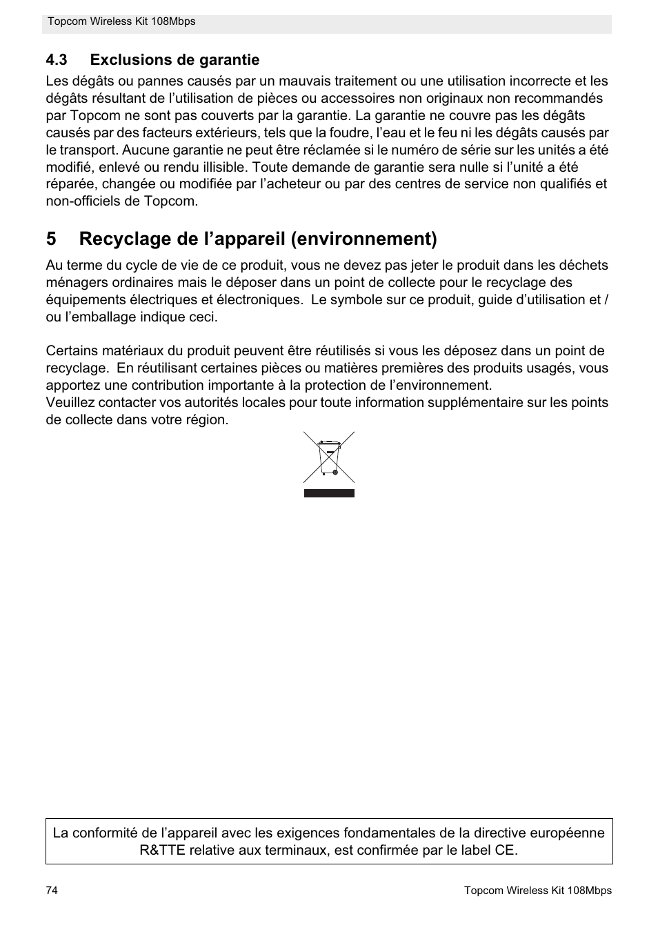 5recyclage de l’appareil (environnement) | Topcom Wireless Kit 108MBPS User Manual | Page 74 / 100