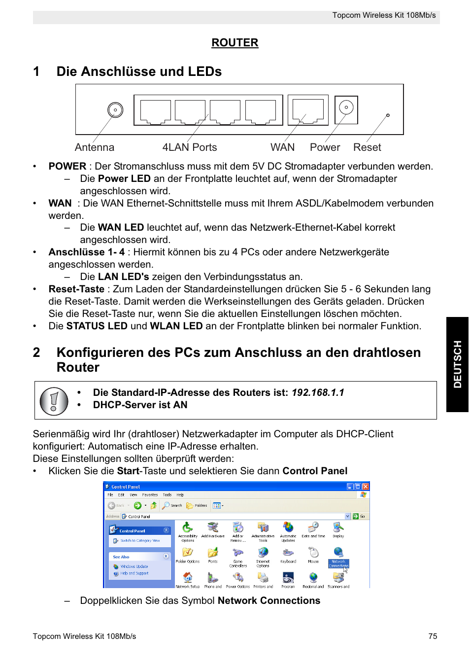 1die anschlüsse und leds | Topcom Wireless Kit 108MBPS User Manual | Page 75 / 100
