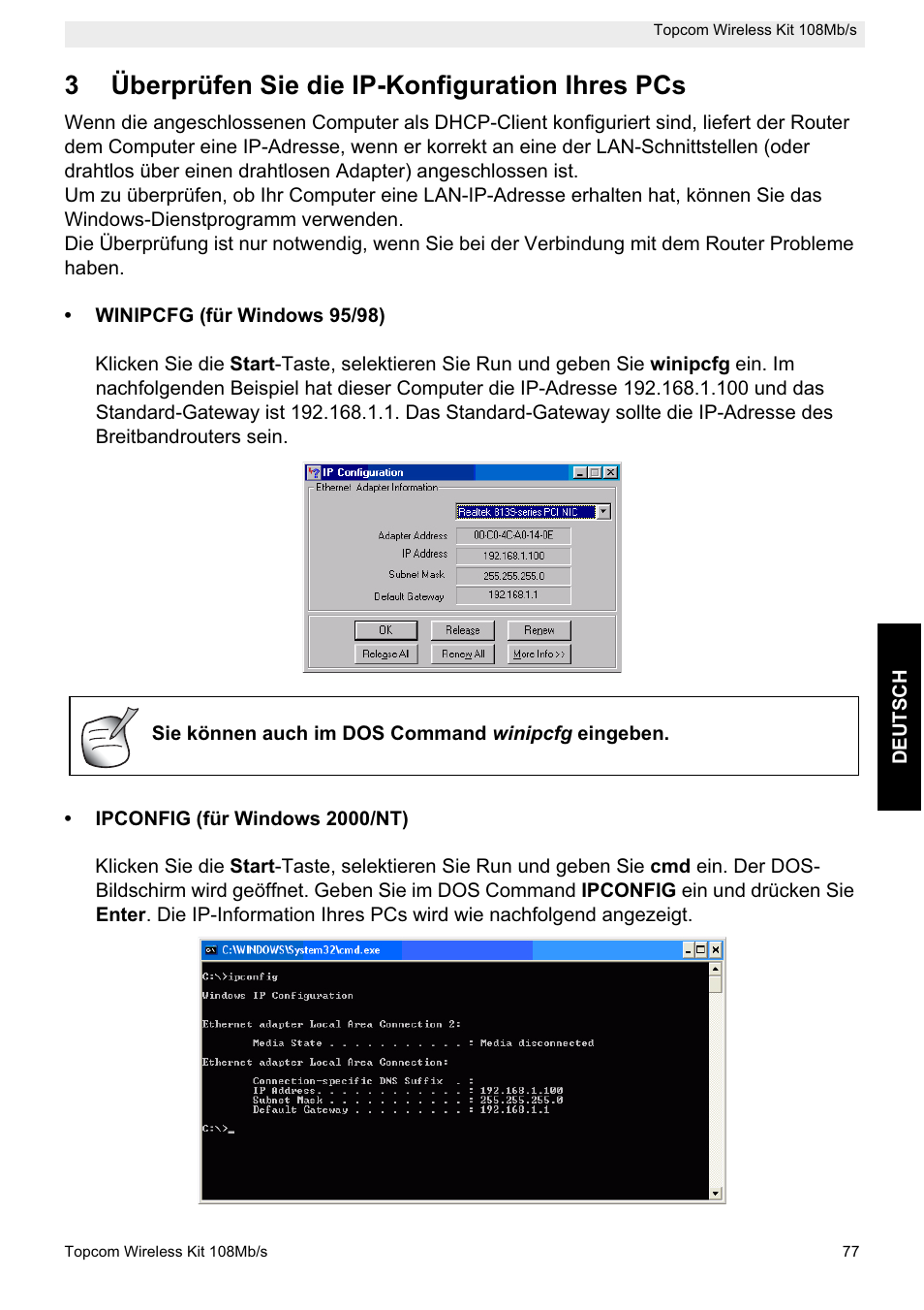 3überprüfen sie die ip-konfiguration ihres pcs | Topcom Wireless Kit 108MBPS User Manual | Page 77 / 100