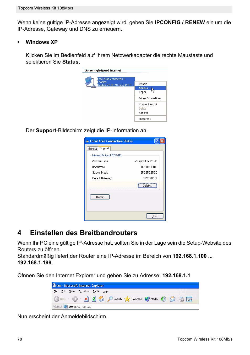 4einstellen des breitbandrouters | Topcom Wireless Kit 108MBPS User Manual | Page 78 / 100