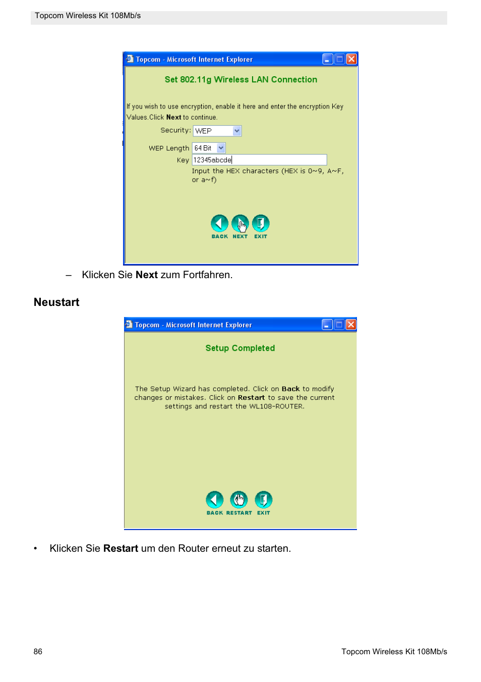 Neustart | Topcom Wireless Kit 108MBPS User Manual | Page 86 / 100