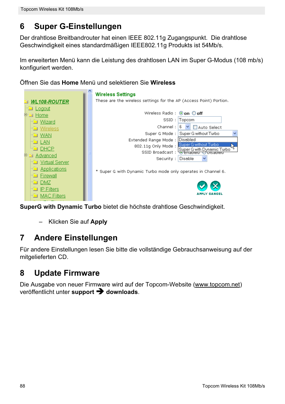 6super g-einstellungen, 7andere einstellungen, 8update firmware | Topcom Wireless Kit 108MBPS User Manual | Page 88 / 100