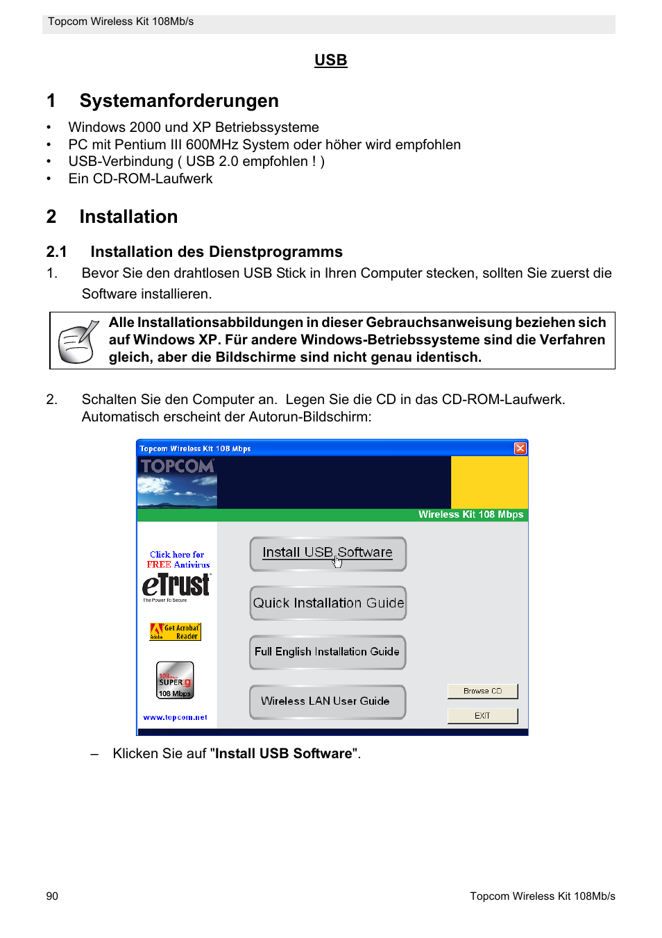 1systemanforderungen, 2installation | Topcom Wireless Kit 108MBPS User Manual | Page 90 / 100