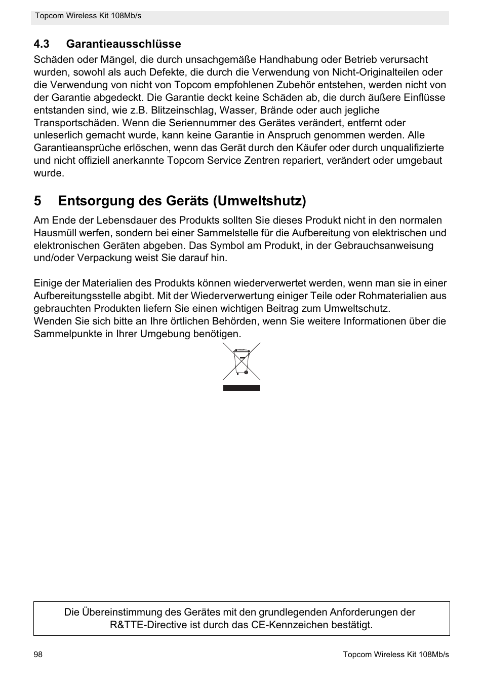 5entsorgung des geräts (umweltshutz) | Topcom Wireless Kit 108MBPS User Manual | Page 98 / 100