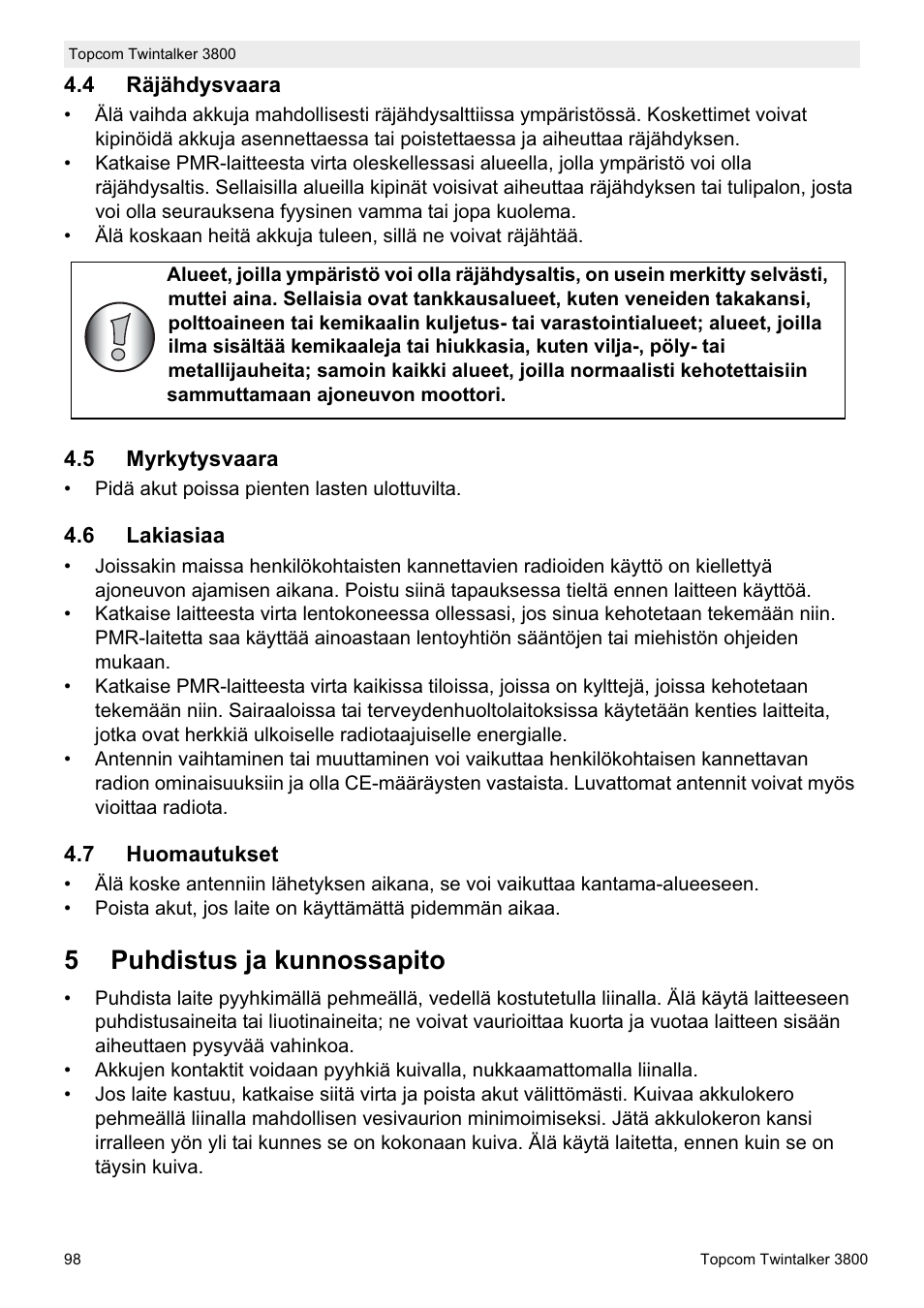 5puhdistus ja kunnossapito | Topcom Twin Talker 3800 User Manual | Page 100 / 188