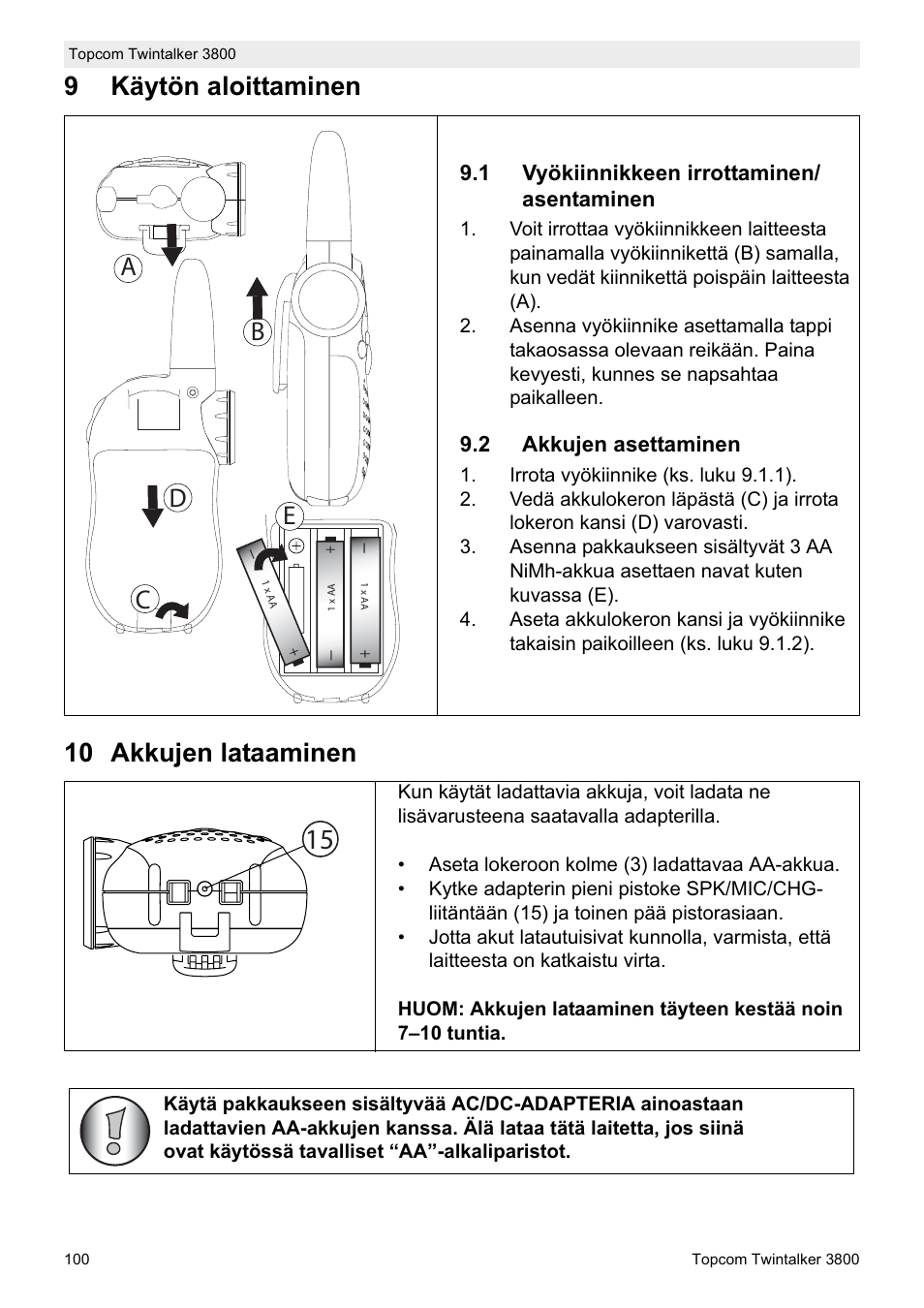 9käytön aloittaminen 10 akkujen lataaminen, Db c e | Topcom Twin Talker 3800 User Manual | Page 102 / 188