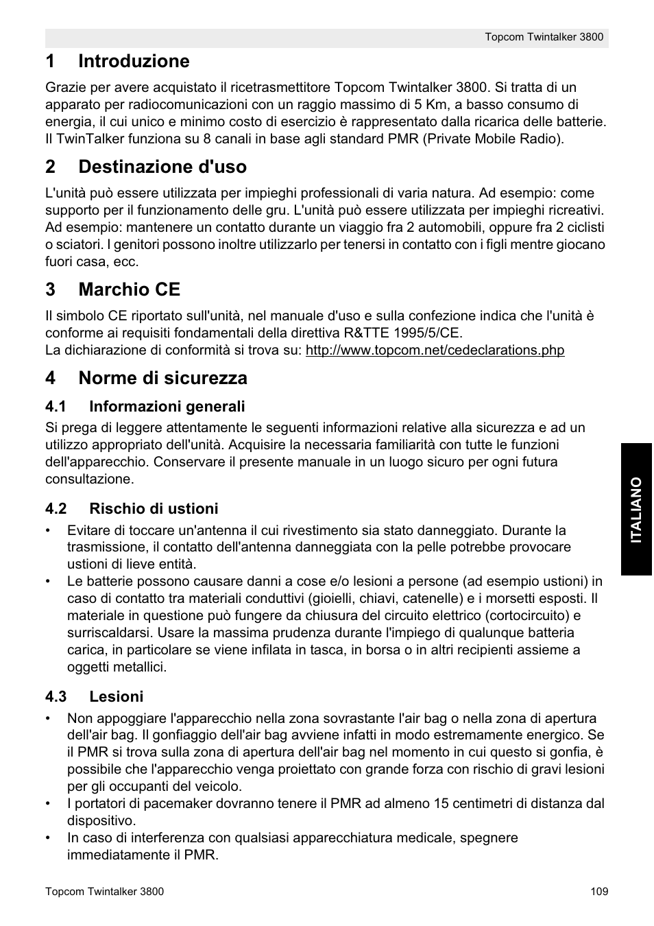 1introduzione, 2destinazione d'uso, 3marchio ce | 4norme di sicurezza | Topcom Twin Talker 3800 User Manual | Page 111 / 188