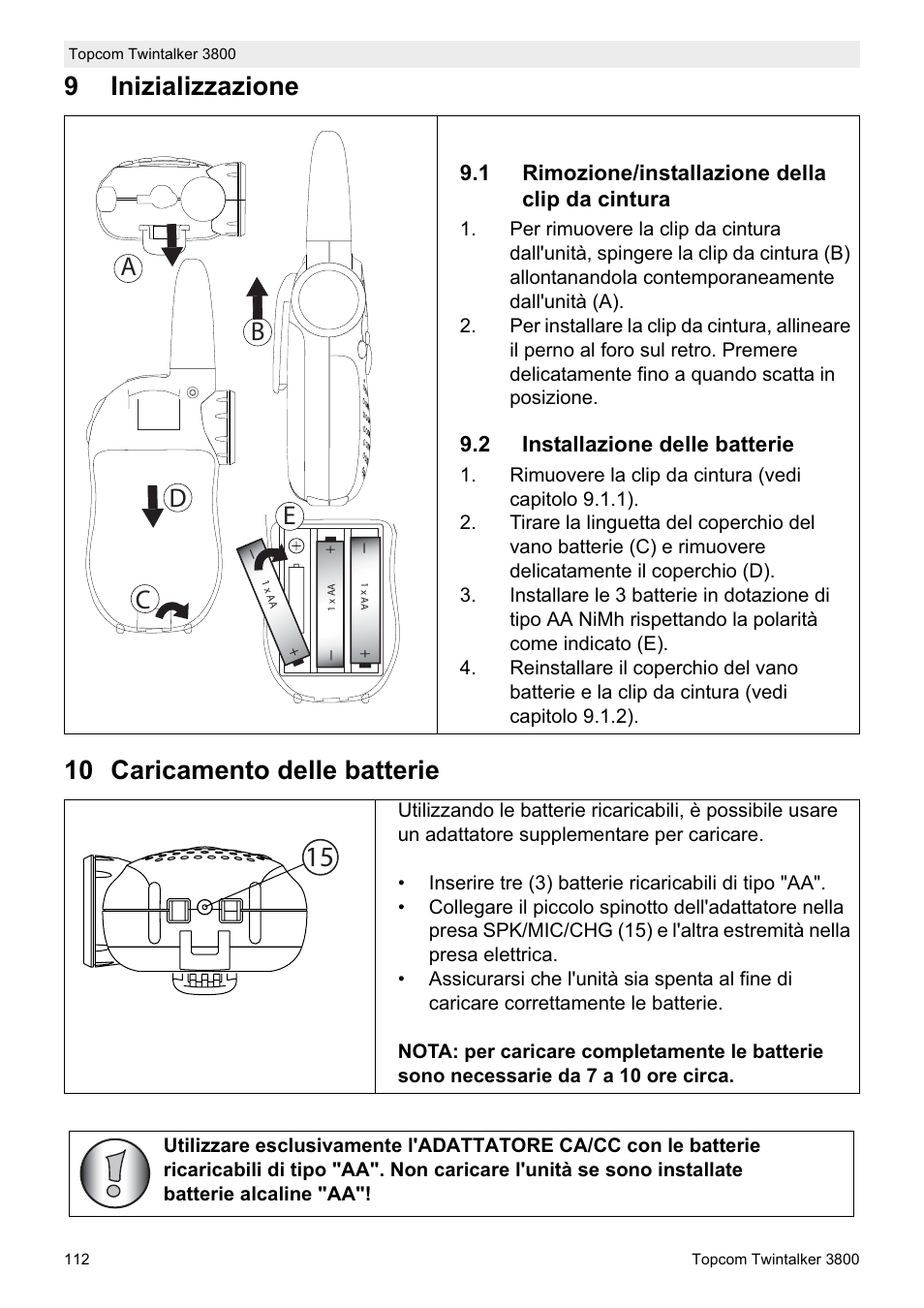 9inizializzazione 10 caricamento delle batterie, Db c e | Topcom Twin Talker 3800 User Manual | Page 114 / 188