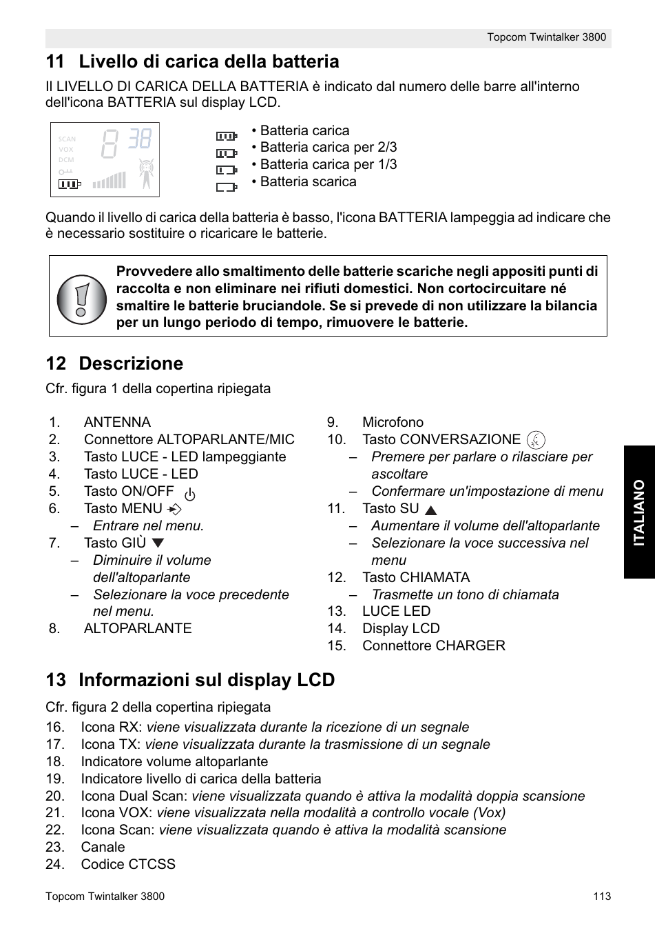 11 livello di carica della batteria, 12 descrizione, 13 informazioni sul display lcd | Topcom Twin Talker 3800 User Manual | Page 115 / 188