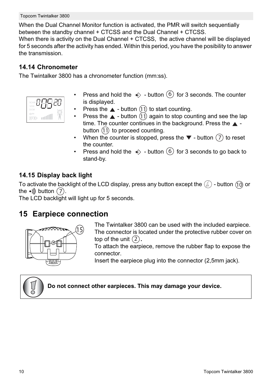 15 earpiece connection | Topcom Twin Talker 3800 User Manual | Page 12 / 188