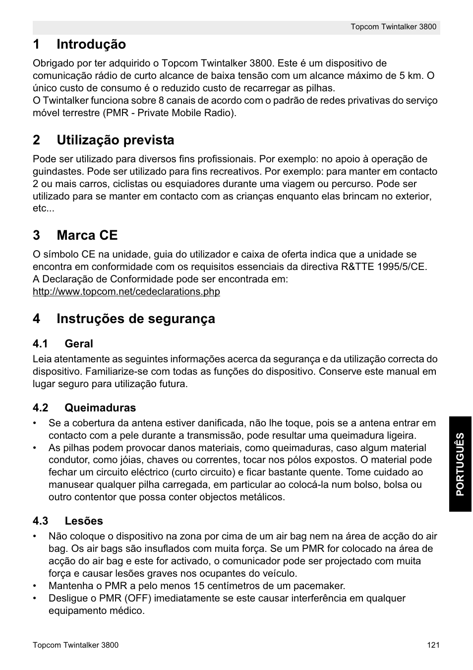 1introdução, 2utilização prevista, 3marca ce | 4instruções de segurança | Topcom Twin Talker 3800 User Manual | Page 123 / 188