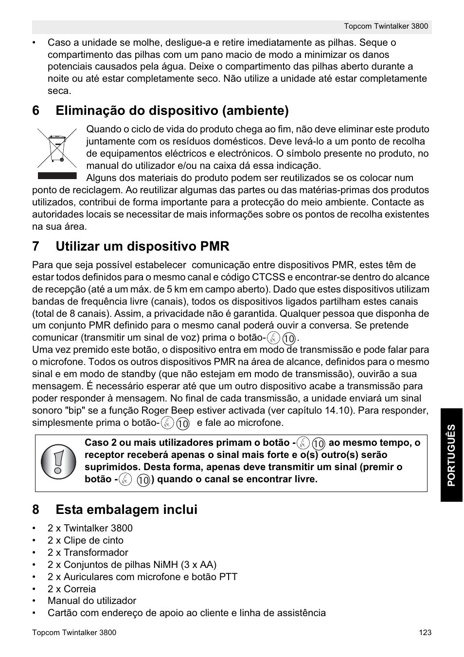 6eliminação do dispositivo (ambiente), 7utilizar um dispositivo pmr, 8esta embalagem inclui | Topcom Twin Talker 3800 User Manual | Page 125 / 188