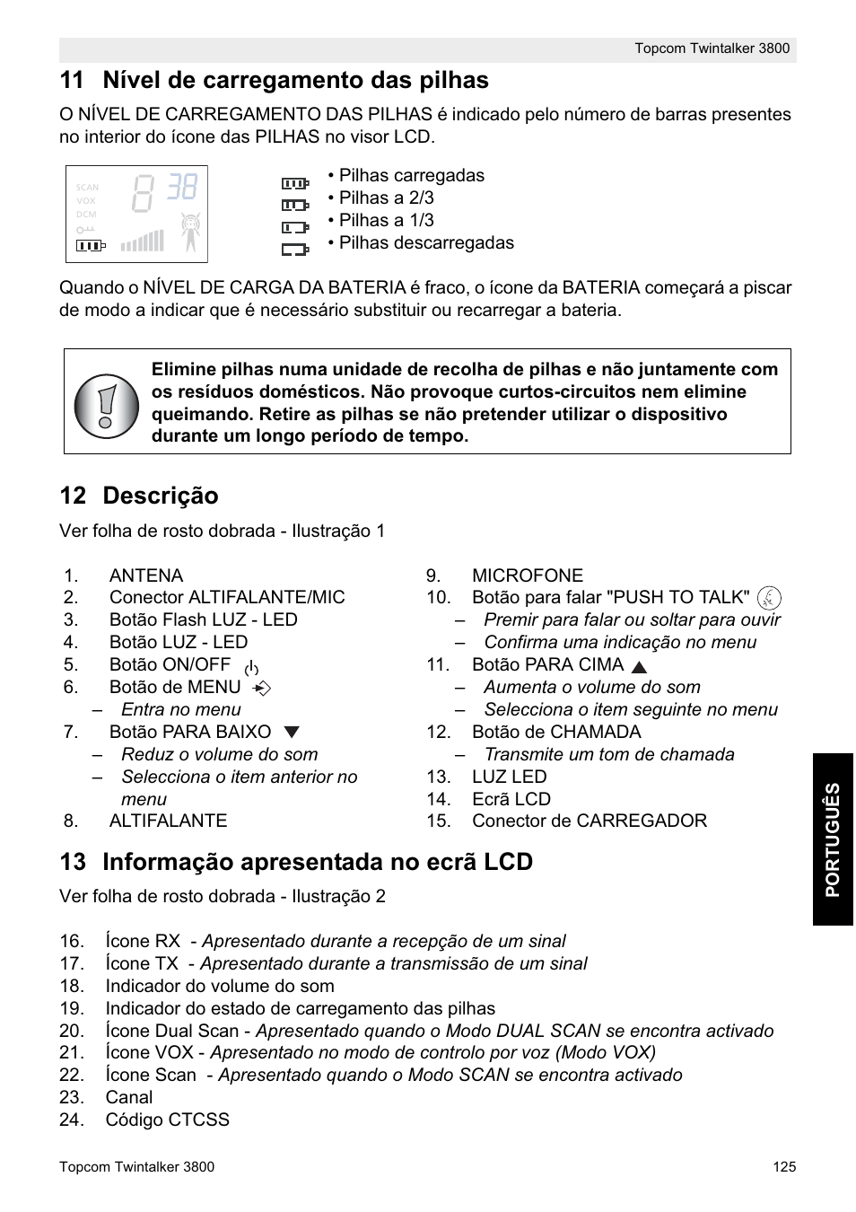 11 nível de carregamento das pilhas, 12 descrição, 13 informação apresentada no ecrã lcd | Topcom Twin Talker 3800 User Manual | Page 127 / 188